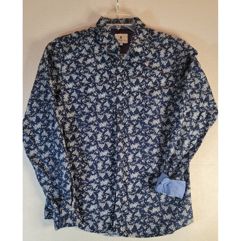 Mens dress shirt L steel&Jelly dark blue flowers cocktail cuffs british apperal